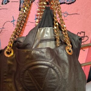 Mario Valentino Black Quilted-Emblem Shoulder Bag with Gold Chains